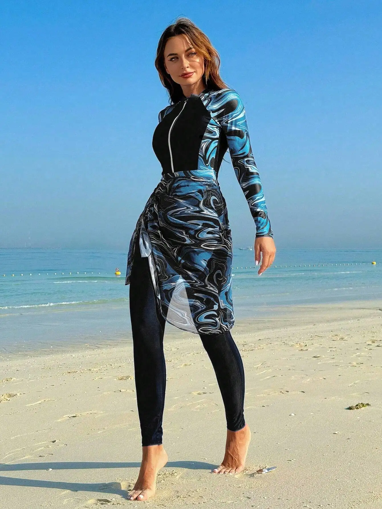 Marble Print One Piece Swimsuit With Beach Skirt Summer