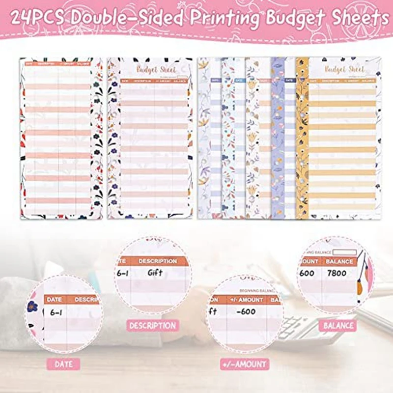 Top-24Pcs Expense Budget Sheet Can Be Used As A Budget Sheet For A6 Binder, An Expense Tracker For Cash Envelope Wallet