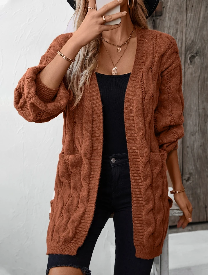 Fried Dough Twists Knot Knitted Cardigan Women's Vintage Loose Medium Length Sweater Coat Solid Color Long Sleeves