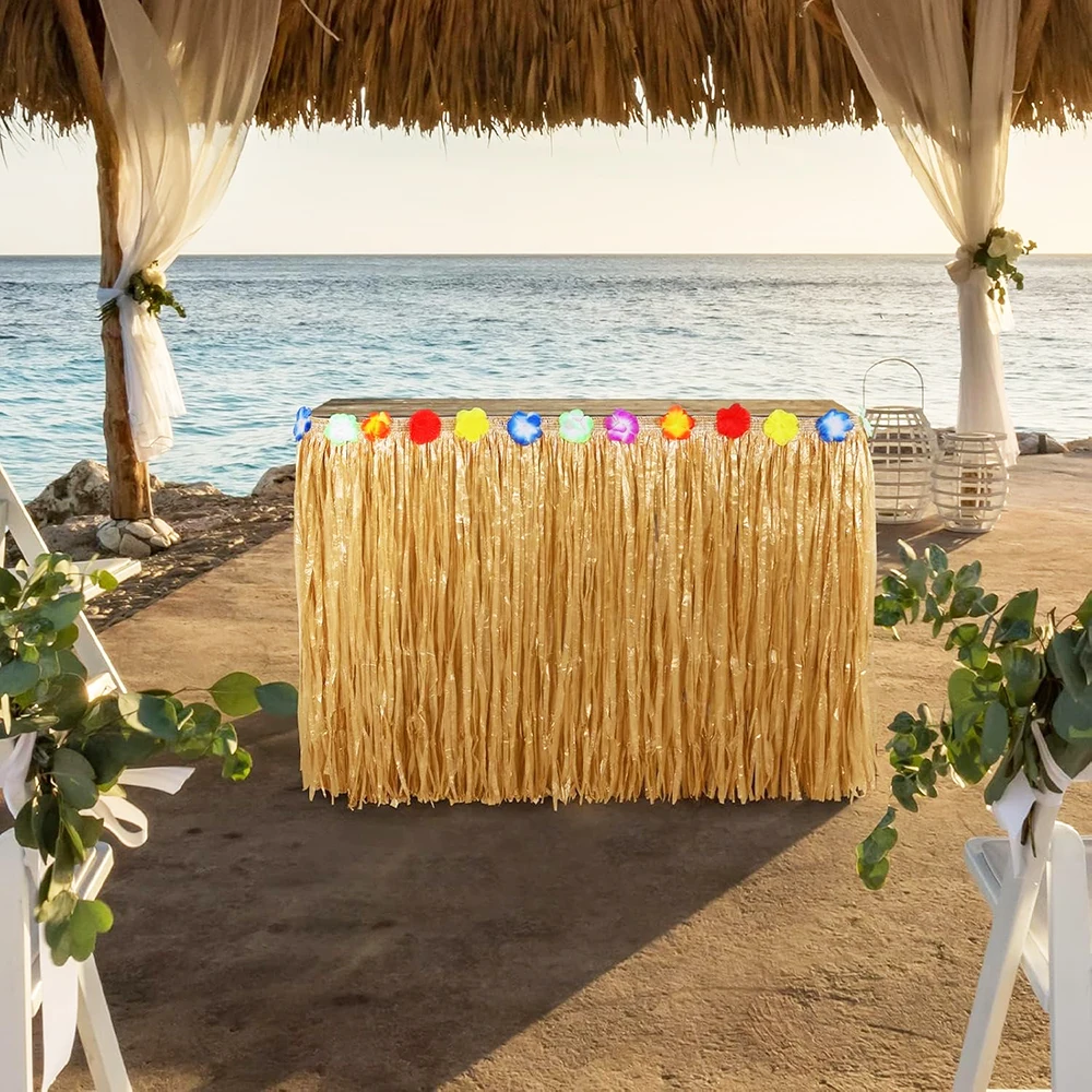 Hawaiian Straw Table Skirt Tropical Luau Grass Table Skirt Hawaiian Sea Beach Hula Party Decor Wedding Birthday Party Decoration - view 2
