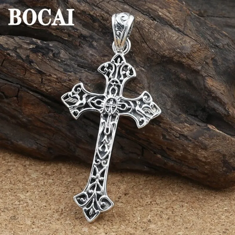 BOCAI New 100% Real S925 Silver Jewelry Vintage Thai Ancient Cross of Jesus Christ with Rattan Pattern Trendy Man  Pendant