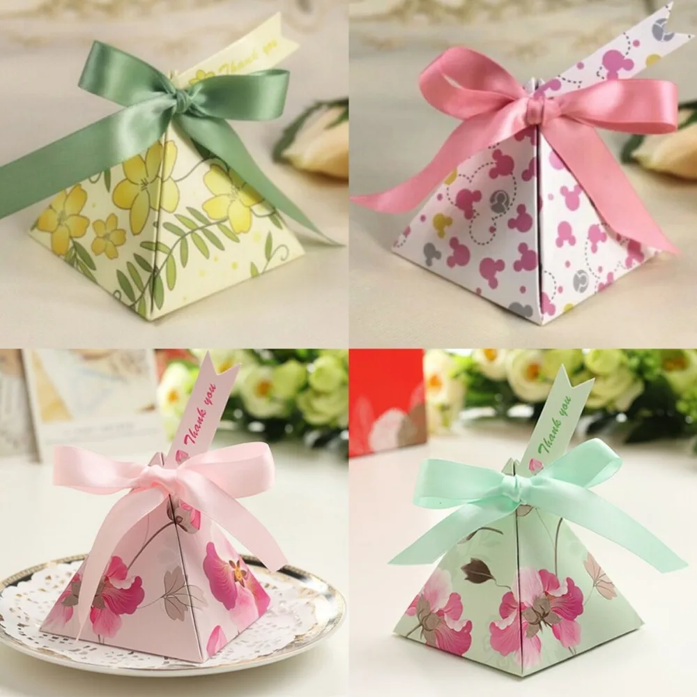 100 x Triangular Pyramid Flower Lovely Minnie Wedding Favors Candy Boxes Gifts Box With Cards & Ribbons Double-sided print