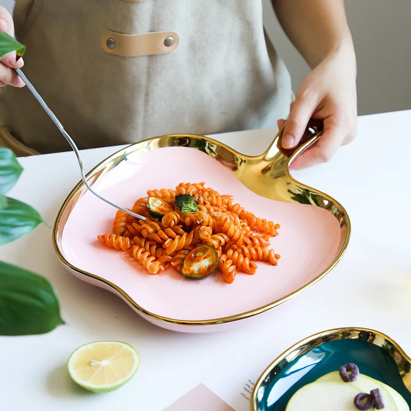 Creative Apple Dinner Plate with Handle Luxury Storage Tray Food Dessert Fruit Plate Jewelry Trinket Dish Decorative Dinnerware