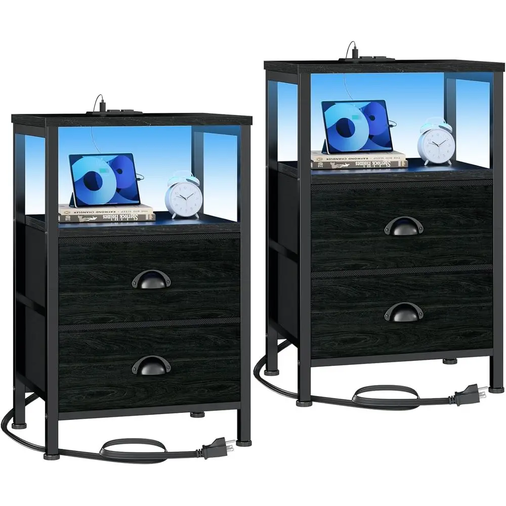 

Pair of Black Oak Nightstands with Fabric Drawers, Charging Station, and LED Lights for Bedroom or Living Room