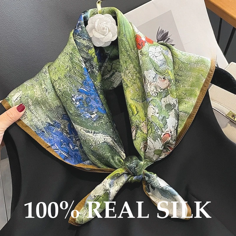 

Роскошный шелковый платок с росписью маслом, 100% натуральный, для женщин, 65 см, квадратный, всесезонный, шаль, пашмина, хиджаб, бандана, буфанда