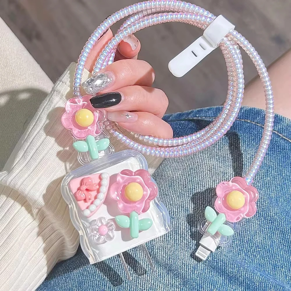 Tulip Flower Protective Charger Cover for iPhone 16 Pro Max 15 14 13 12 11 PD 18W 20W US Fast Charging Case Charger Head Sleeve
