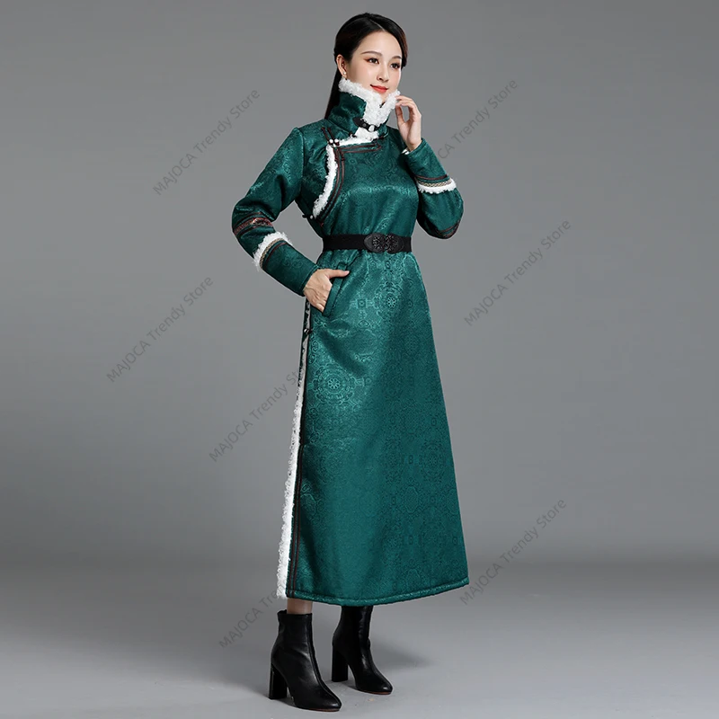 

Теплое длинное стеганое пальто в монгольском стиле, женская этническая традиционная зимняя хлопковая куртка макси с высоким воротом