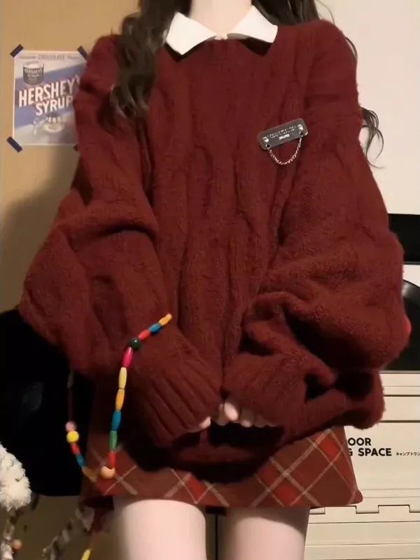 

Loose Knitted Sweater Men Women Autumn Winter New Sle Korean Sle Big Size 300 Pou Lazy Sle Red Twist Hoodie