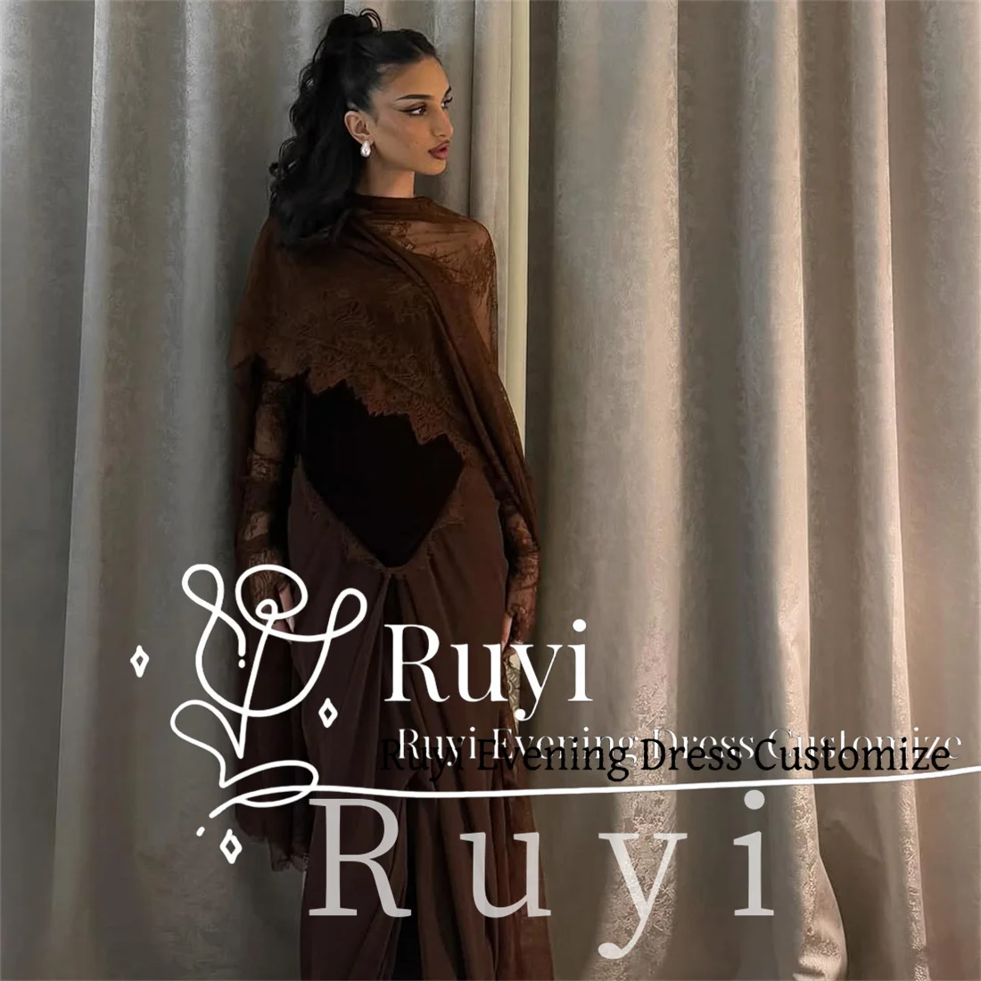 שמלת ערב מותאמת אישית בצבע חום קפה עם תחרה משי ושרוולים ארוכים בסגנון מרמייד לאירועים מיוחדים ושמלת עיד