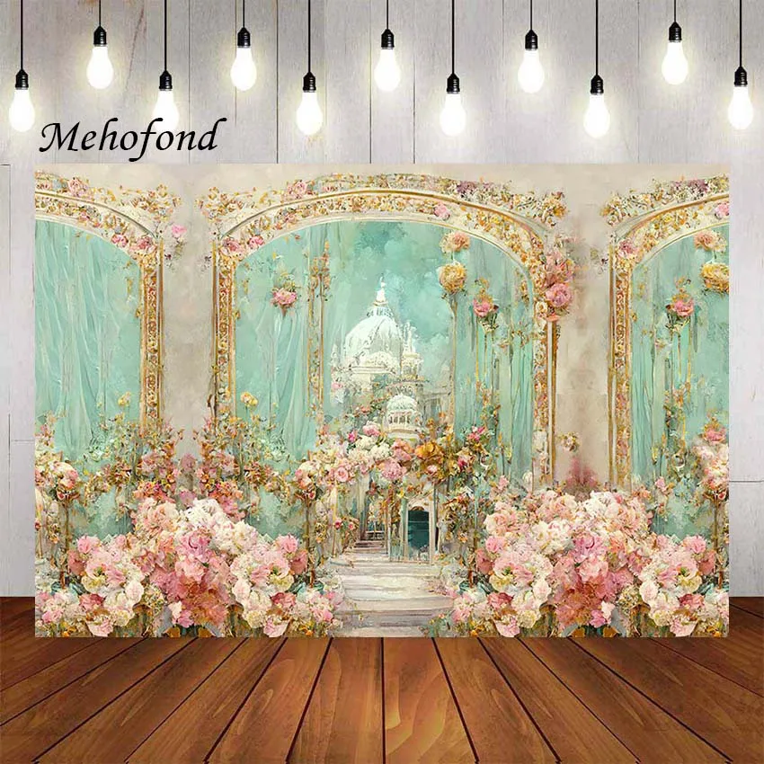 

Mehofond Photography Background Vintage Oil Painting Castle Pink Floral Girl Birthday Party Portrait Decor Photo Backdrop Studio