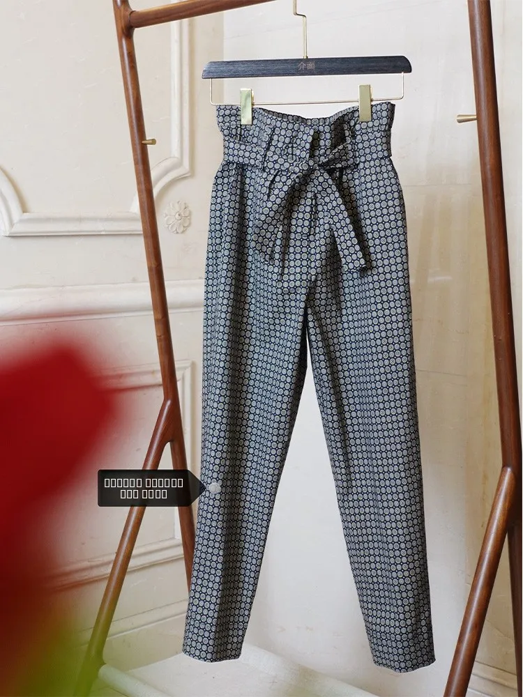 

Original Retro Polka Dot Brued Cotton Elastic Waist Nine-Piece Pants Mid-Length Women's Summer Casual Pants Commute Sle