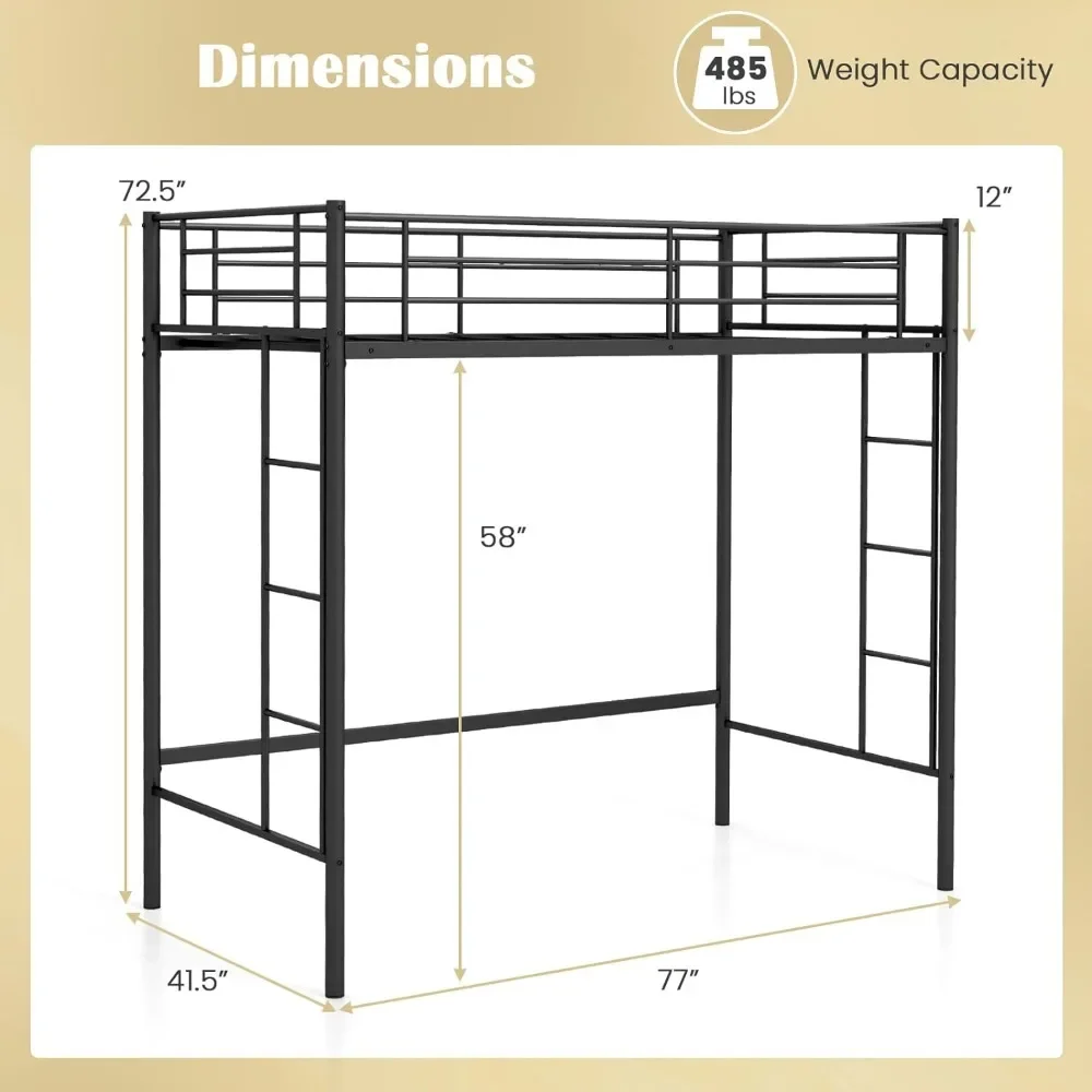 Metal Loft Bed Frame com escadas duplas e Guardrail de segurança, cama tamanho Twin, Heavy Duty, preto, sem Box Spring necessário