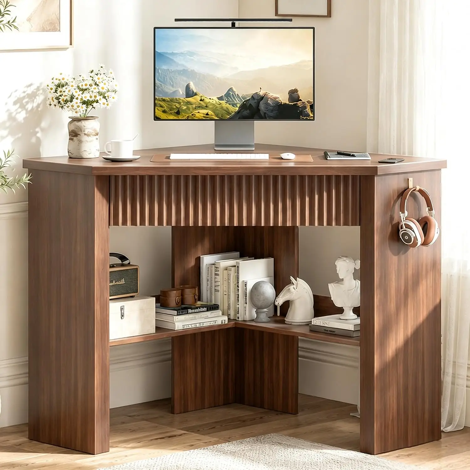 90-Degree Triangular Corner Desk with Fluted Drawer, Walnut, Customized