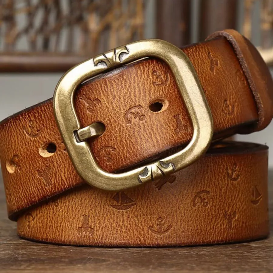 女性のファッション手作り本革ベルトトップレイヤー牛革パーソナライズされたパターン多用途ジーンズ銅バックルカジュアルベルト