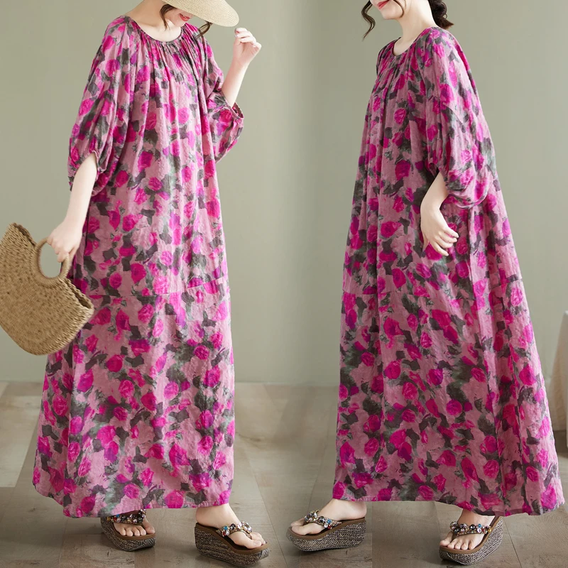 

Платье-рубашка большого размера из хлопка и льна с художественным принтом, свободного кроя, скрывающее недостатки фигуры, в отпускном стиле, с рукавами-фонариками, длинное