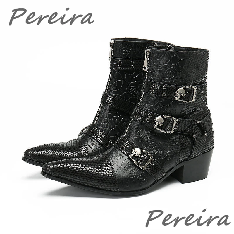Rose Print Cowhide Chelsea Boots Skull Metal Buckle Snake Patterned Patchwork Zipper Short Boots Trendy Party Banquet Men Shoes