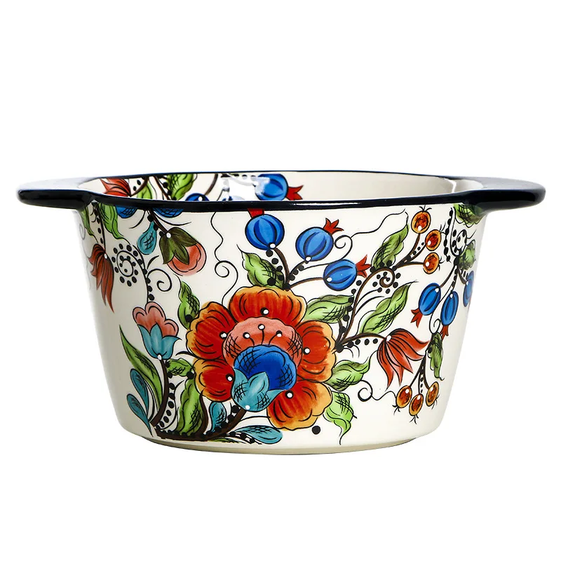 European American ceramic double ear hand-painted soup bowl Household anti scalding 1.8-liter underglaze colored fruit basin