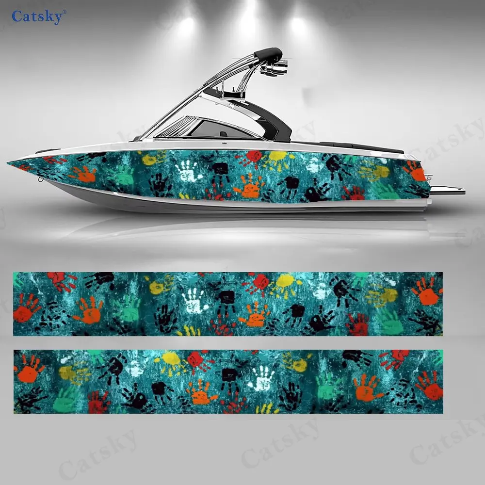 

Набор из 2 ярких наклеек с отпечатками рук на корпус лодки, разноцветный дизайн для водного транспорта, долговечный, устойчивый к погодным условиям винил