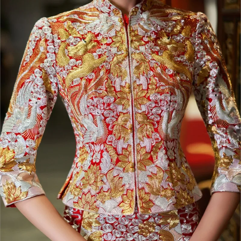 새로운 수 놓은 가운 드래곤 피닉스 결혼식 중국어 럭셔리 드레스