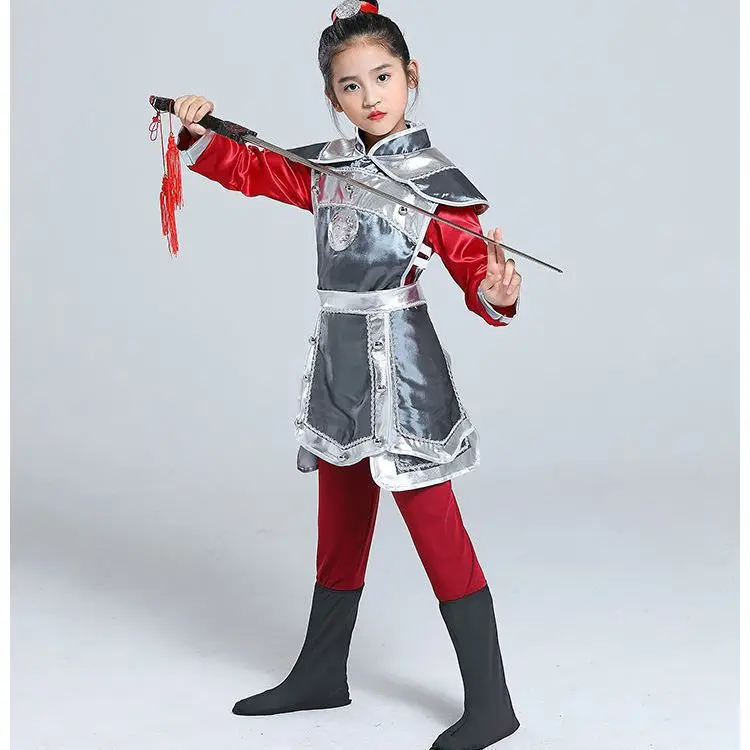 ชุดการแสดงทีมมู่หลานของทหาร ชุดเด็กสไตล์จีนโบราณ ชุดการแสดงโอเปร่าและเต้นรำสำหรับเด็กผู้หญิง