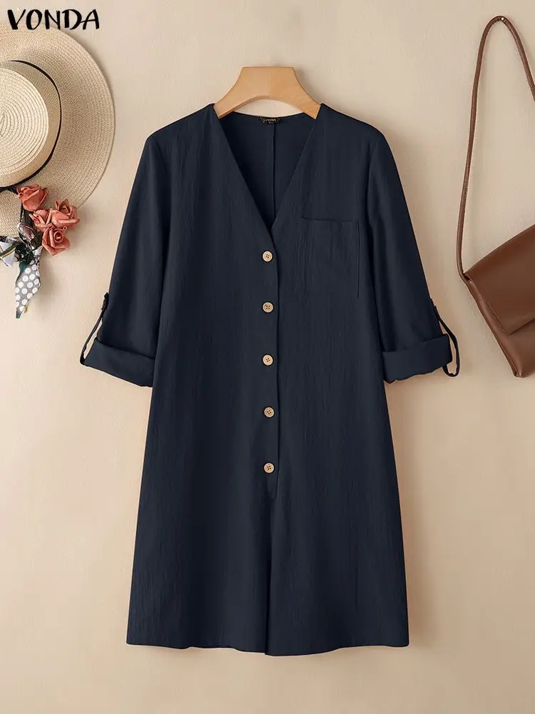 2025 VONDA femmes automne 100% coton mode combishorts à manches longues col en v combinaisons courtes poches solides élégant bureau salopette