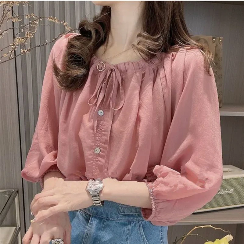 Elegant Solid Color Lace Up Bow Puff Sleeve Shirts Women\'s Clothing 2024 Summer New Loose All-match Tops Office Lady Blouses