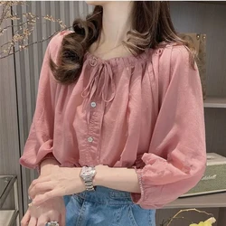 Elegant Solid Color Lace Up Bow Puff Sleeve Shirts Women's Clothing 2024 Summer New Loose All-match Tops Office Lady Blouses