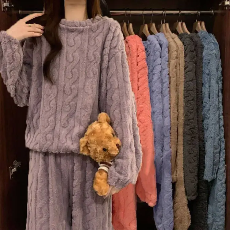Thick Coral Fleece Pajamas Set Women's Autumn Winter Home Clothes Flannel Warm Large Size Fleece Lined Sleepwear Suit S6481e559c75743bb959d324f73d2fc81a