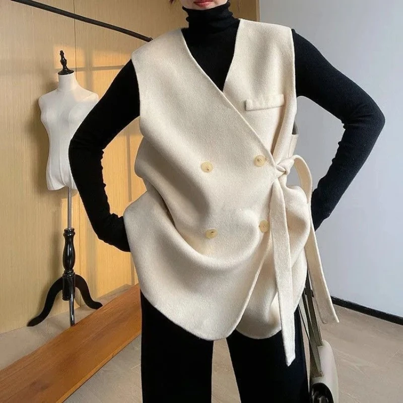 Tall Women's Autumn Winter Wool Vest Loose Knit Double Button Up Slimming Tapered Waist Blazer Coat for Layering