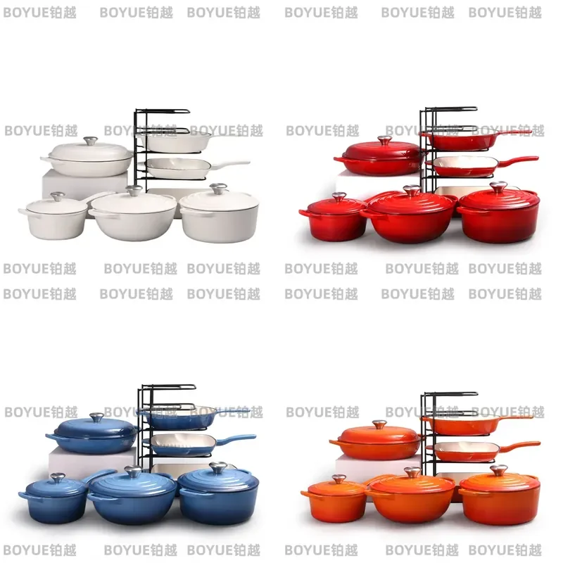 Enameled Cast Iron Cookware Set Large Seafood Pot Milk Pan Striped Steak Skillet Multi Purpose Saucepan Durable Kitchen