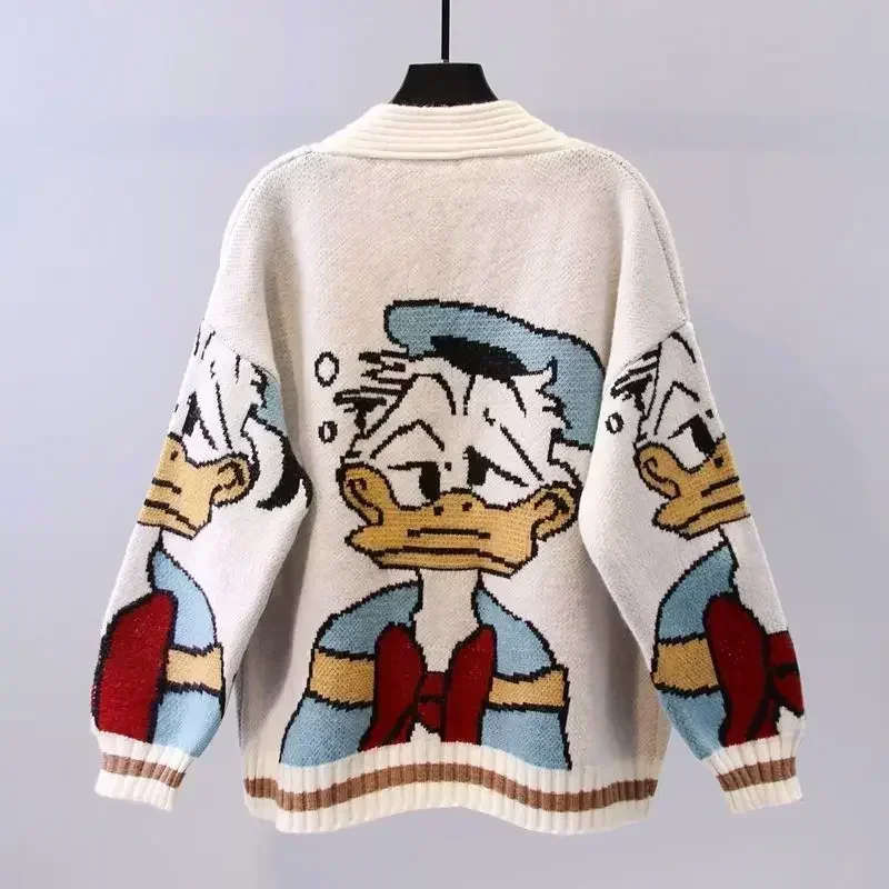 Donald Duck Women\'s Spring and Autumn Versatile Knitted Cardigan Sweet and Fresh Creative Cartoon Loose V-neck Sweater Jacket