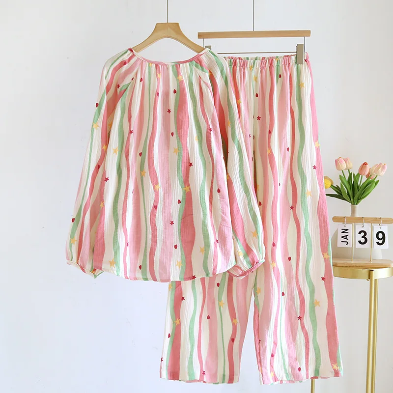 2026 New Women's Pajama Set 100% Cotton Crepe Cloth Color Striped Round Collar Head Long Sleeve Two Piece Loose Home Clothes