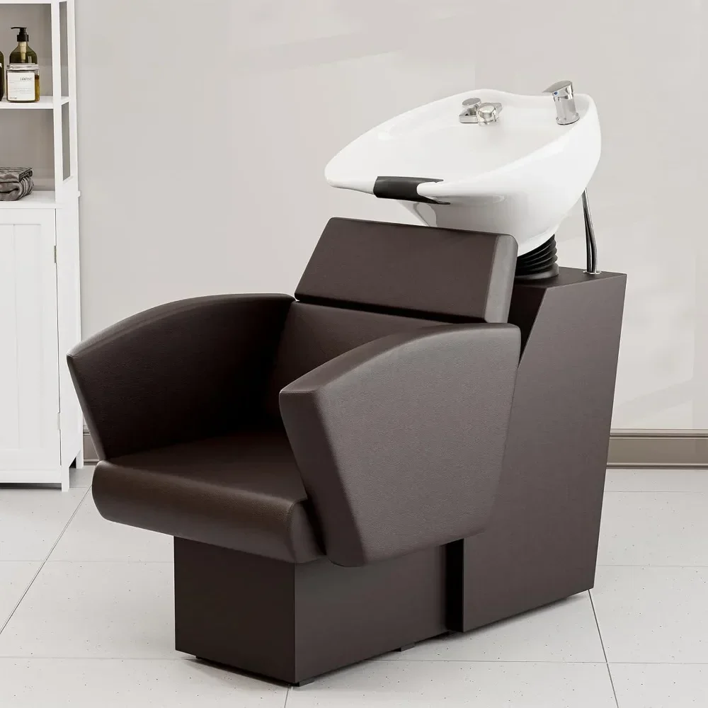 Shampoo Bowl and Chair Set for Salon 2PCS, Hair Wash Chair w/Porcelain Tilting Deep Sink, Backwash Barber Shampoo Chair Station