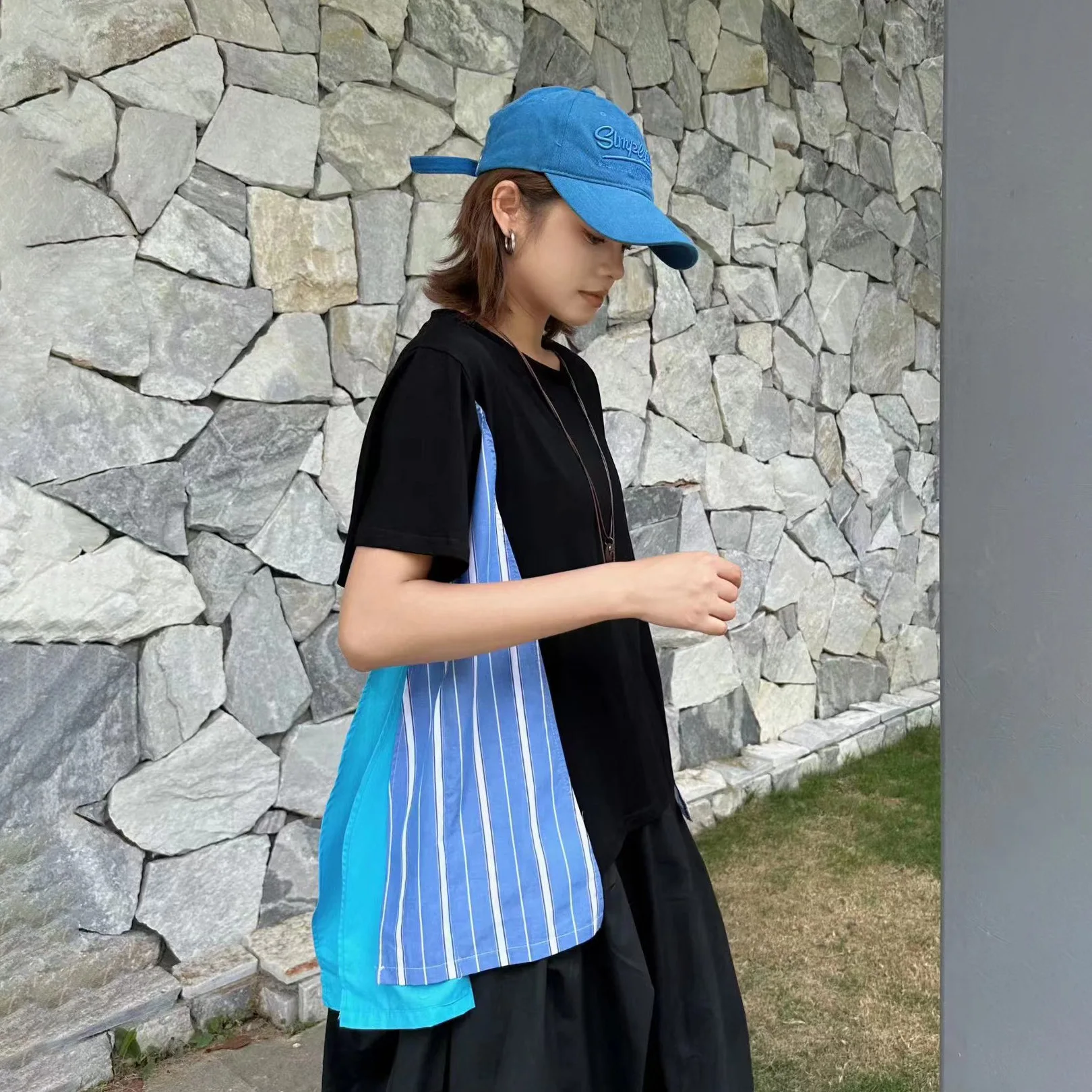 SuperAen Contrasting Color Patchwork Pullover T-shirt 2026 Summer New Korean Style Casual Unique Special Tops