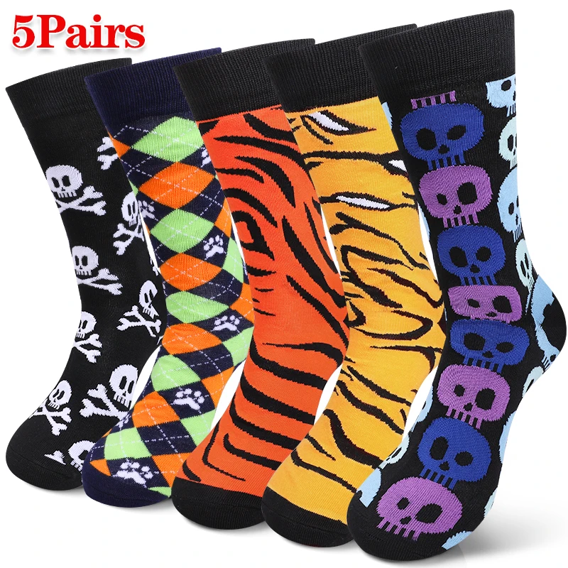 

5 Pairs Colorful Trend Midtube Socks Men Cartoon Halloween Socks Comfortable Stylish Breathable Crew Socks for All Seasons