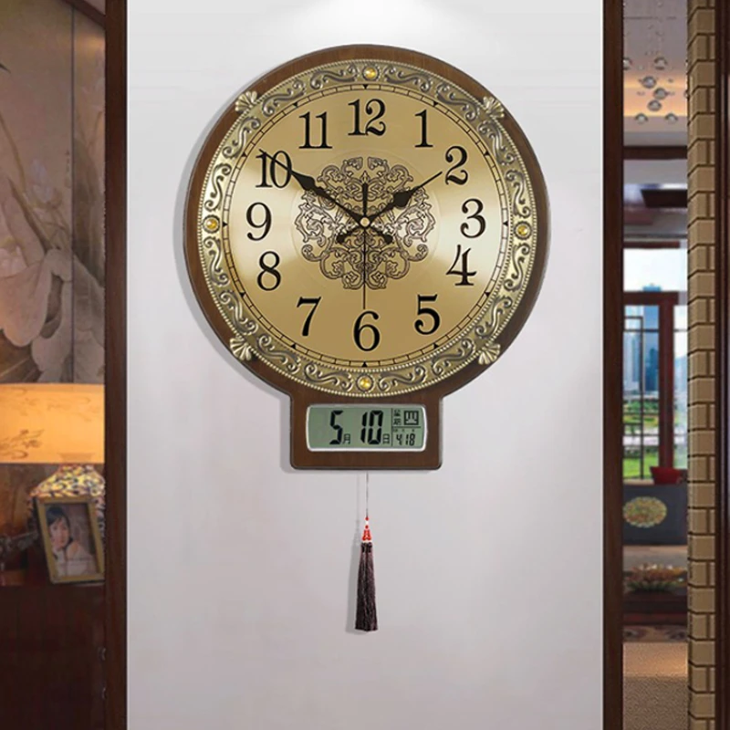 

Wall Clock Living Room Solid Wood Clock Wall Clock Fashion Simple Atmosphere Wall Clock Household Temperature Perpetual Calendar