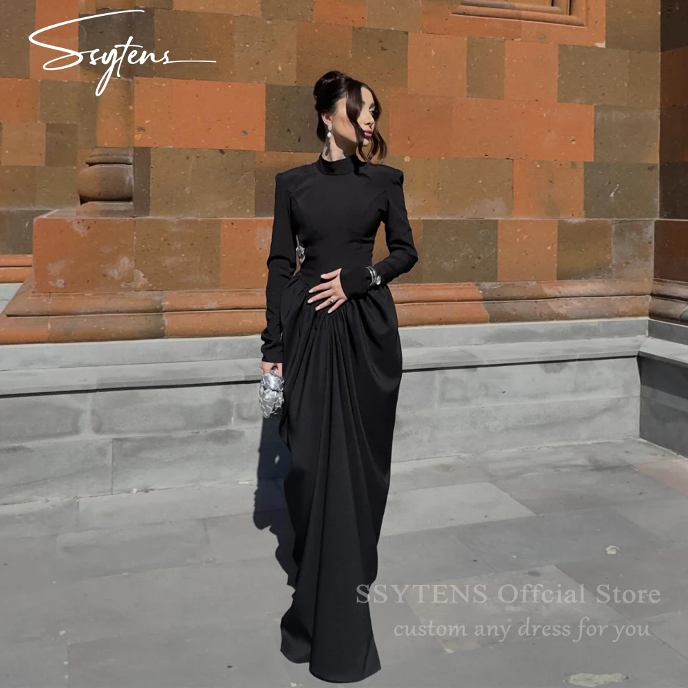 

SSYTENS Modern Black Prom Dress Vintage Satin High Neck Long Sleeves Formal Evening Gowns Backless Robes De Soirée Customized