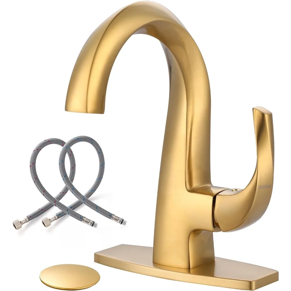 

Single Handle Bathroom Faucet 1 Hole High Arc Bathroom Basin Faucet Gold with Pop Up Drain, Solid Brass Commercial Bathroo