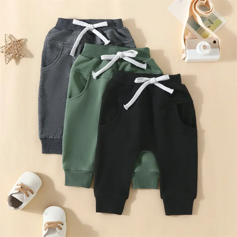 Newborn Baby Boy Pants 3-Pack Toddler Joggers Solid Color Soft Boys Bottoms Sweatpants with Drawstring