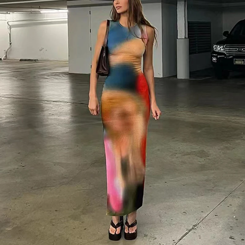 Damen lässig Tie-Dye bedruckt ärmelloses, figur betontes langes Tank kleid y2k Seitens chlitz knielanges Strand party kleid 2024