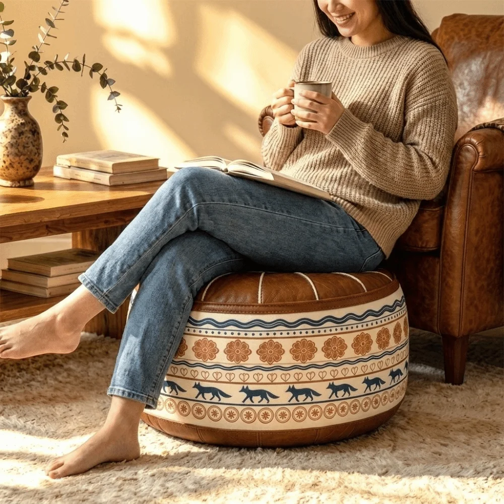 Stylish PU Leather Round Sofa Stool Cover Vintage Space-Saving Storage Leg Bench Waterproof Unfilled Seat Cushion Cover Entryway