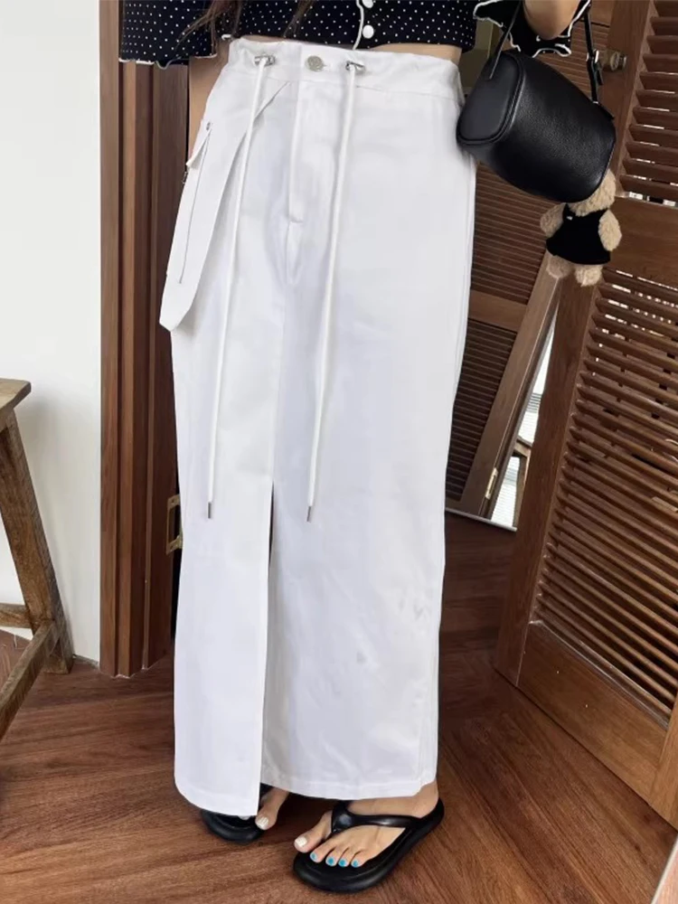 تنورة أنيقة عالية الخصر للعمل مع جيوب كبيرة ورباط جانبي للنساء، نمط كوري للارتداء اليومي