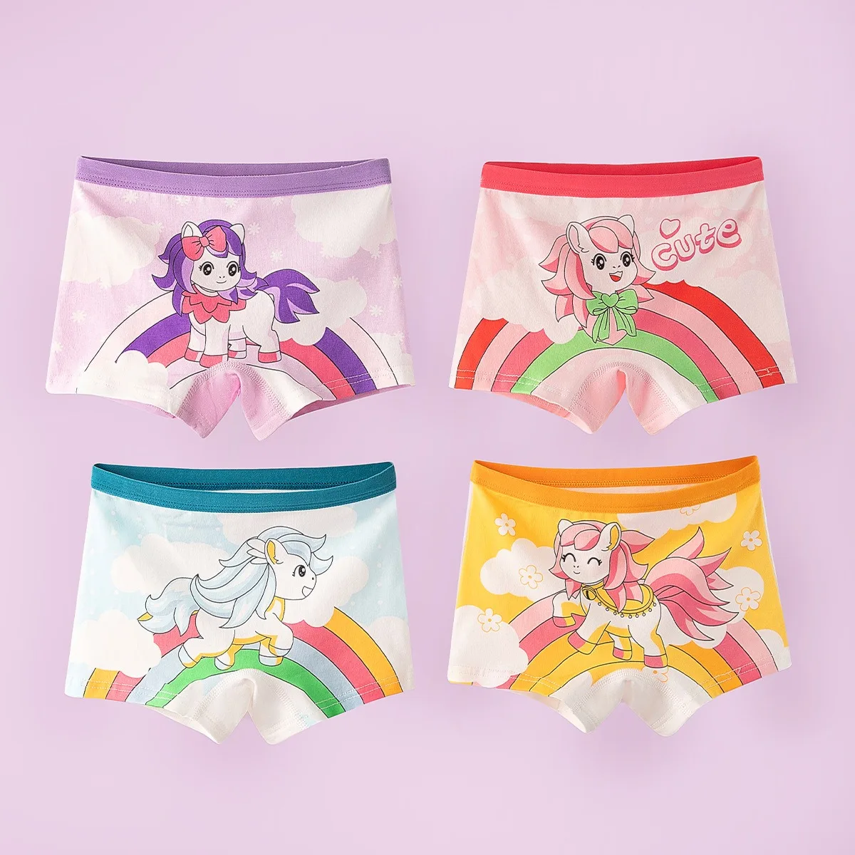 4-Piece Girls Panties Premium Cotton Comfortable Girl's Boyshorts Rainbow Print Lovely Unicorn Children Trunks Girl Boxer Short