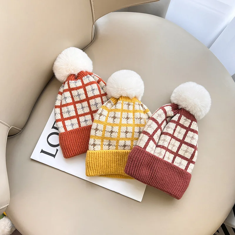 Winter Warm Plaid Pompom Baby Hat and Scarf Sets Kids Thick Soft Knitted Neckerchief Accessories Children Beanie Boys and Girls