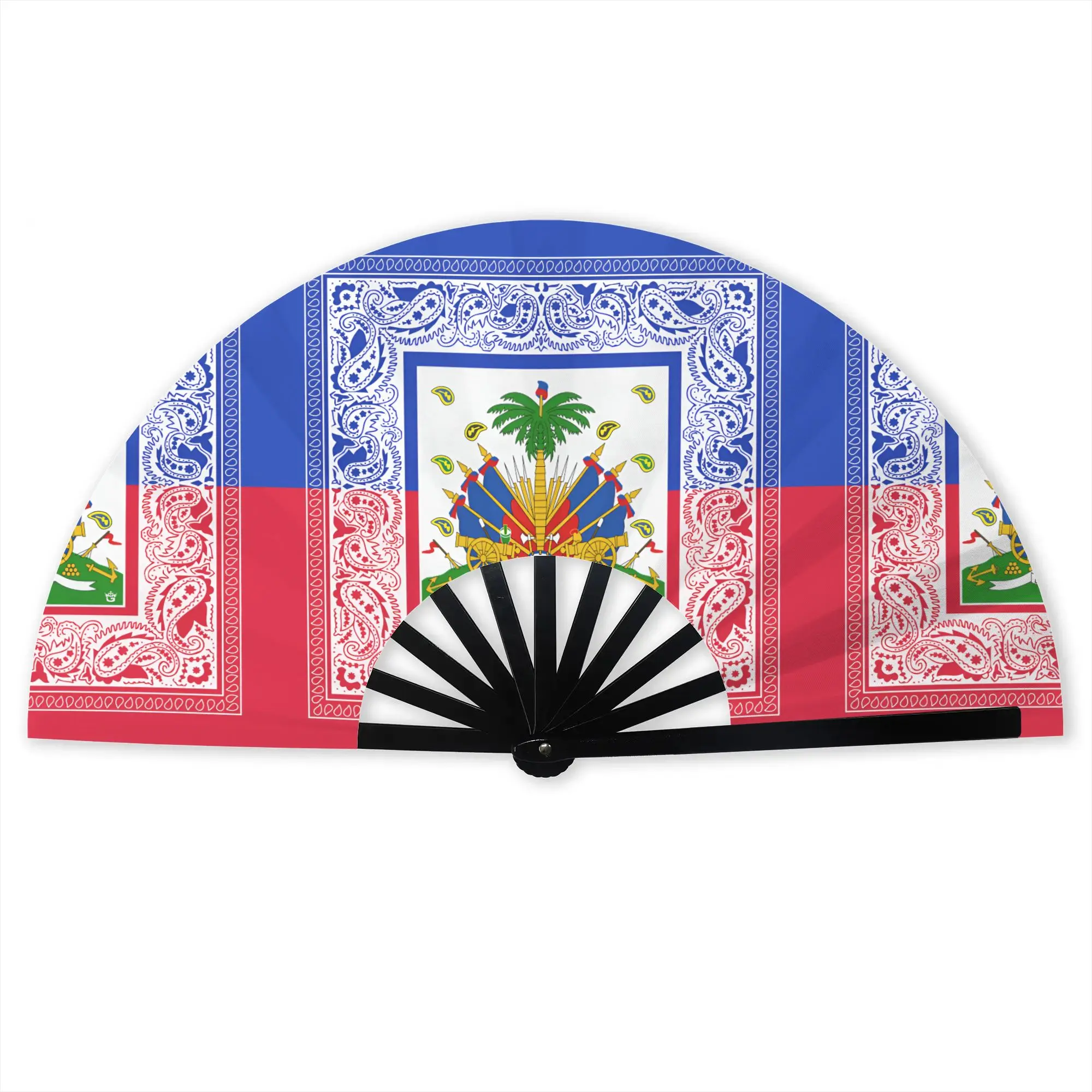 Customized Haiti's National Flag in Colors Peles Portable Pocket Fan Polyester Folding Fan Chinese Dance Handheld Cooling Fans