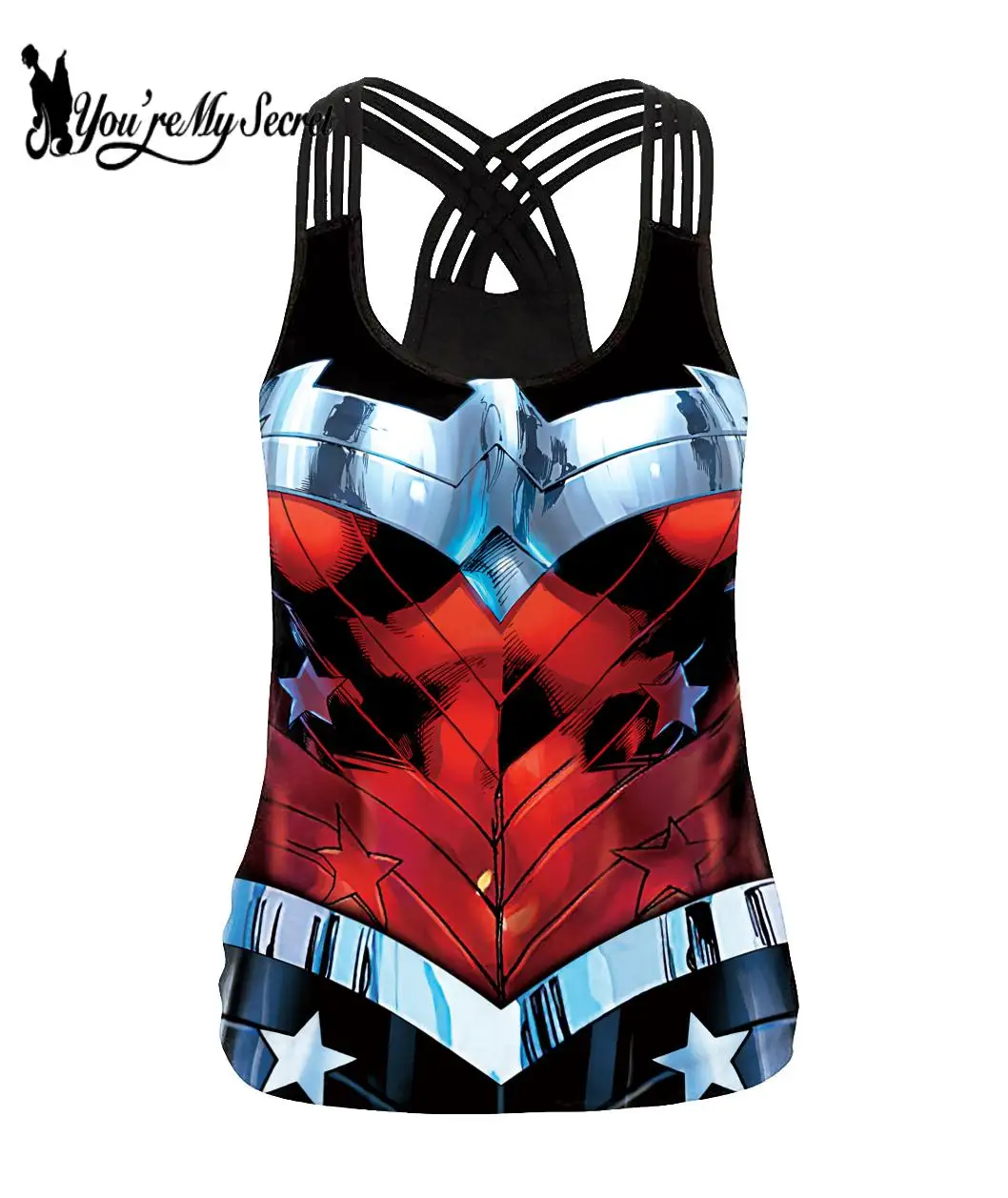 [You\'re My Secret] Cosplay Superhero Printed Tank Top Sexy Sling Cross Vest Casual T-Shirt Female Warrior Cosplay Party Clothing