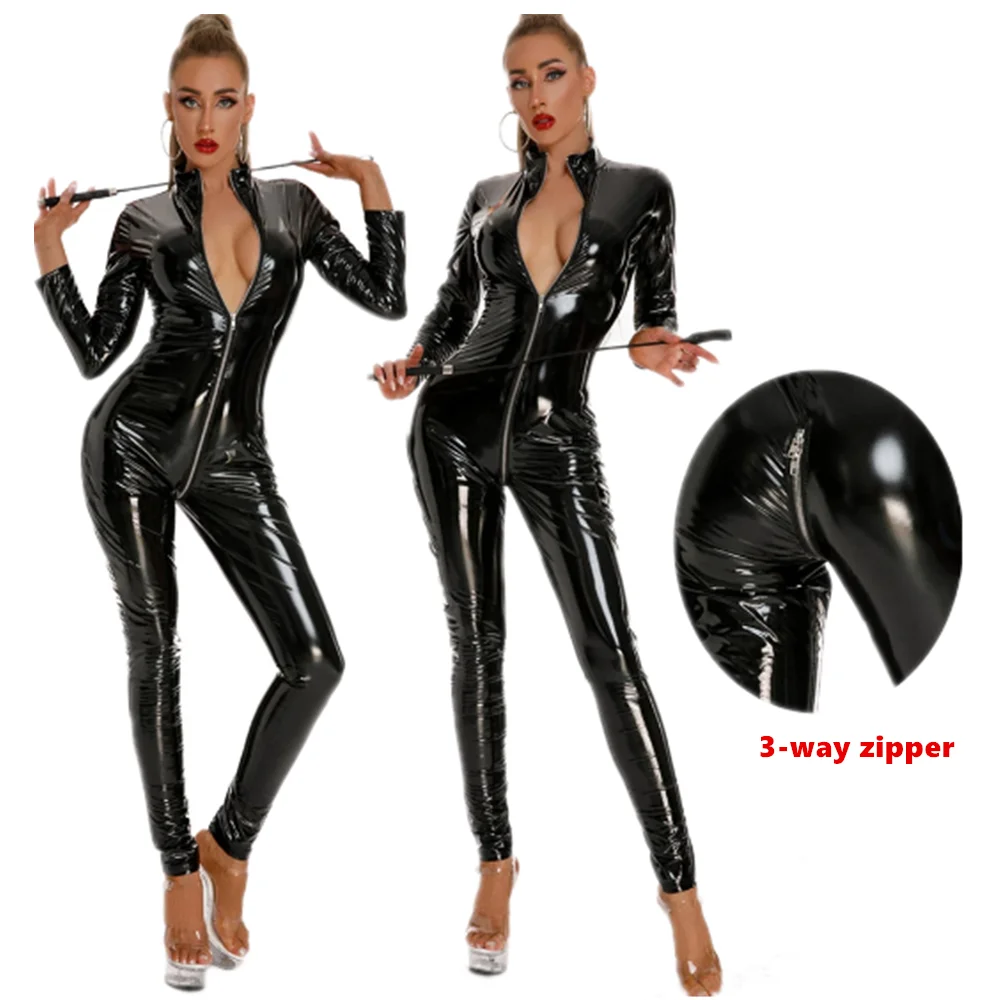 

Women Black Shiny Faux Leather Jumpsuit Sexy Lingerie Wetlook PU 3 Way Zipper Open Crotch Bodysuit Clubwear Catsuit