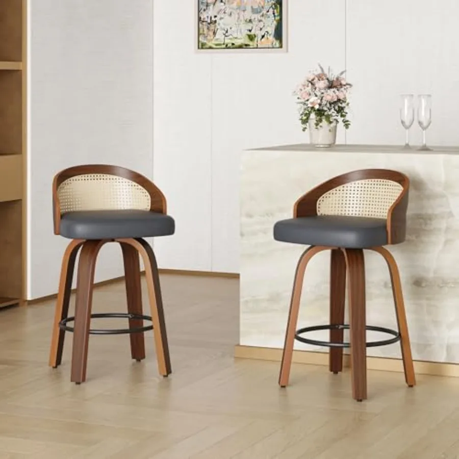 

Modern Swivel Bar Stools, Mid Century Wood Frame with Rattan Back, PU Leather Kitchen Counter Height Stools, Ergonomic Supporti