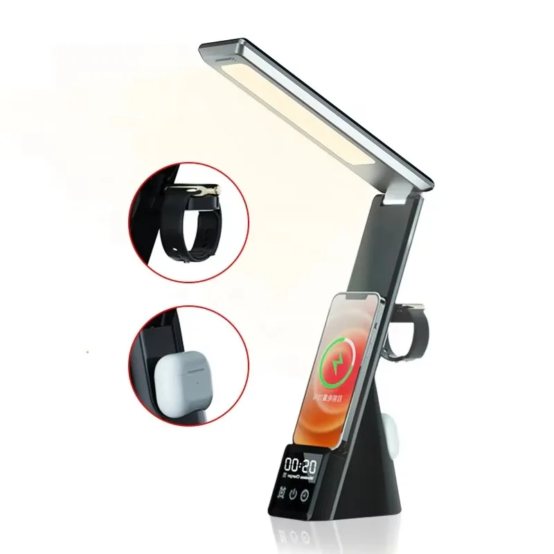 

6-In-1 Wireless Charging Desk Lamp, Folding Light Emitting Diode with Digital Alarm Clock Phone Holder