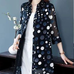 Summer New POLO Collar Fashion Three Quarter Shirt Women High Street Casual Button Mid-length Cardigan Printing All-match Tops